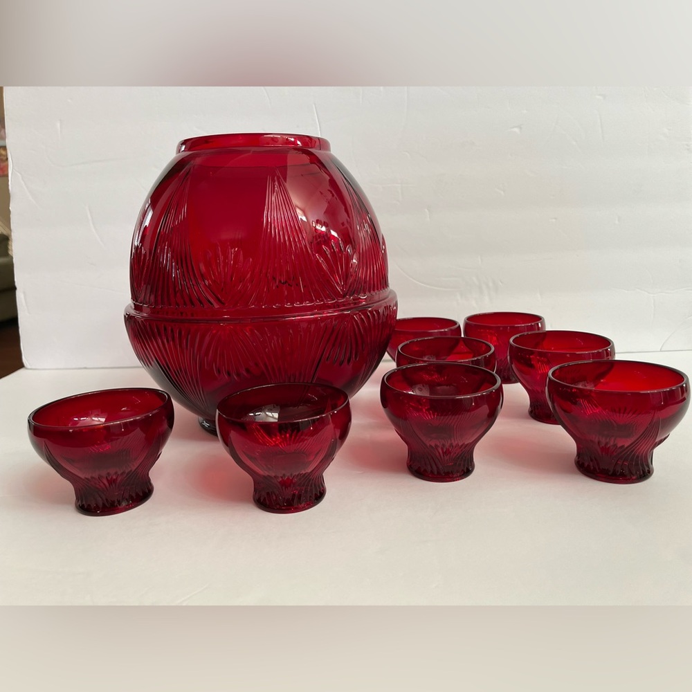 LEHMAN BROS. ROYAL RUBY RED PUNCH BOWL WITH 8 CUPS ~ MID CENTURY